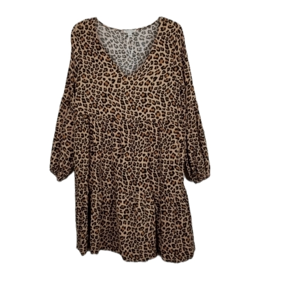 Animal Print VNeck Stretch Dress Tiered Balloon Long Sleeve  Leopard Size Large - Picture 1 of 9